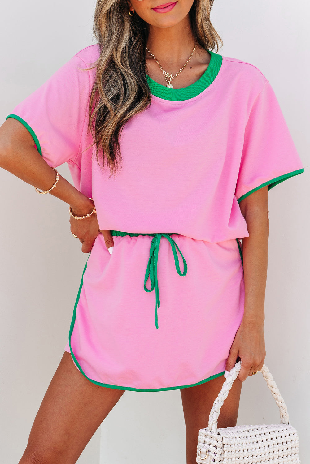 Bonbon Colorblock Edge Drop Shoulder T Shirt and Skort 2Pcs Set Hu