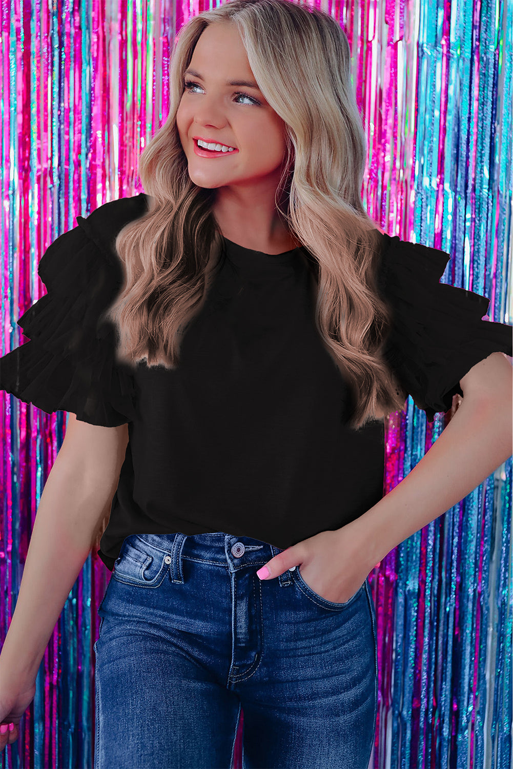 Pink Tulle Ruffle Sleeve Blouse