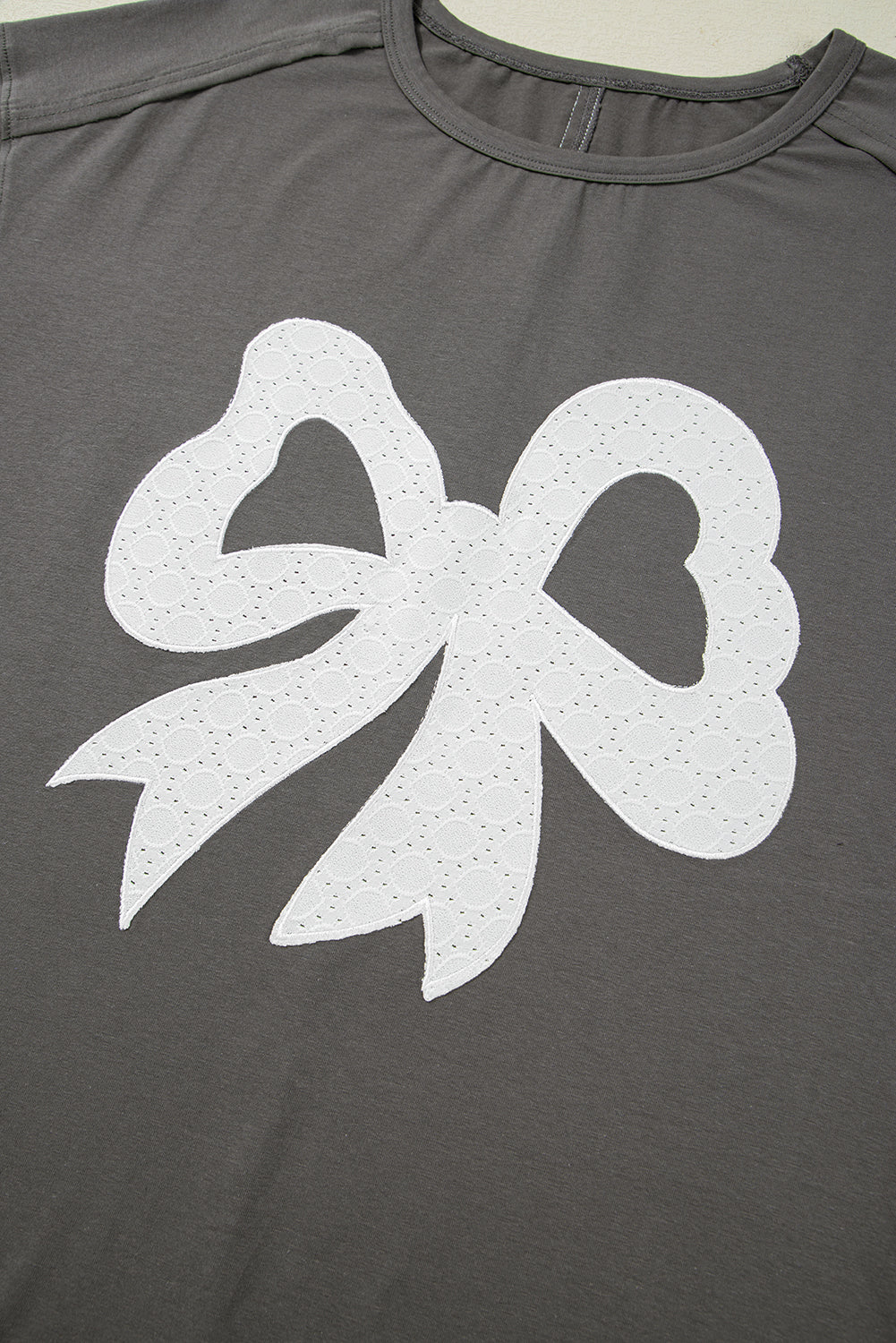 Medium Grey Lace Bow Raw Edge Drop Shoulder Casual T Shirt