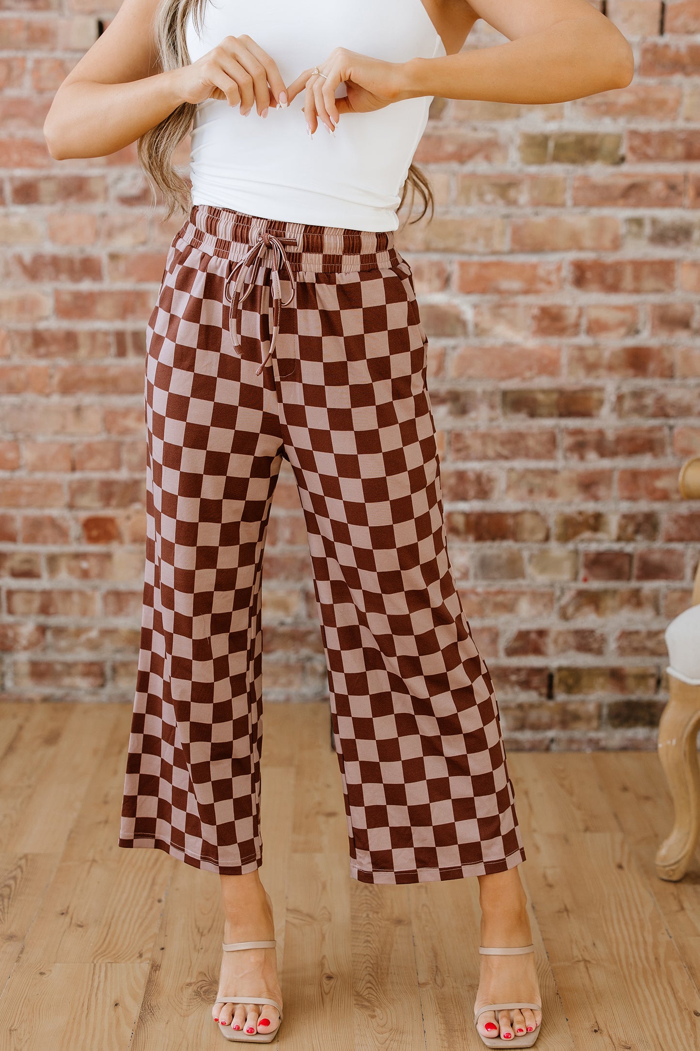 Khaki Checkered Elastic High Waist Loose Casual Pants