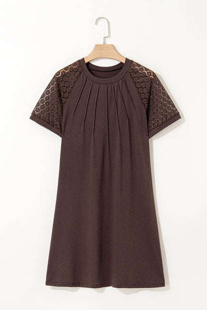 Black Contrast Lace Raglan Sleeve Pleated Detail Shift Dress