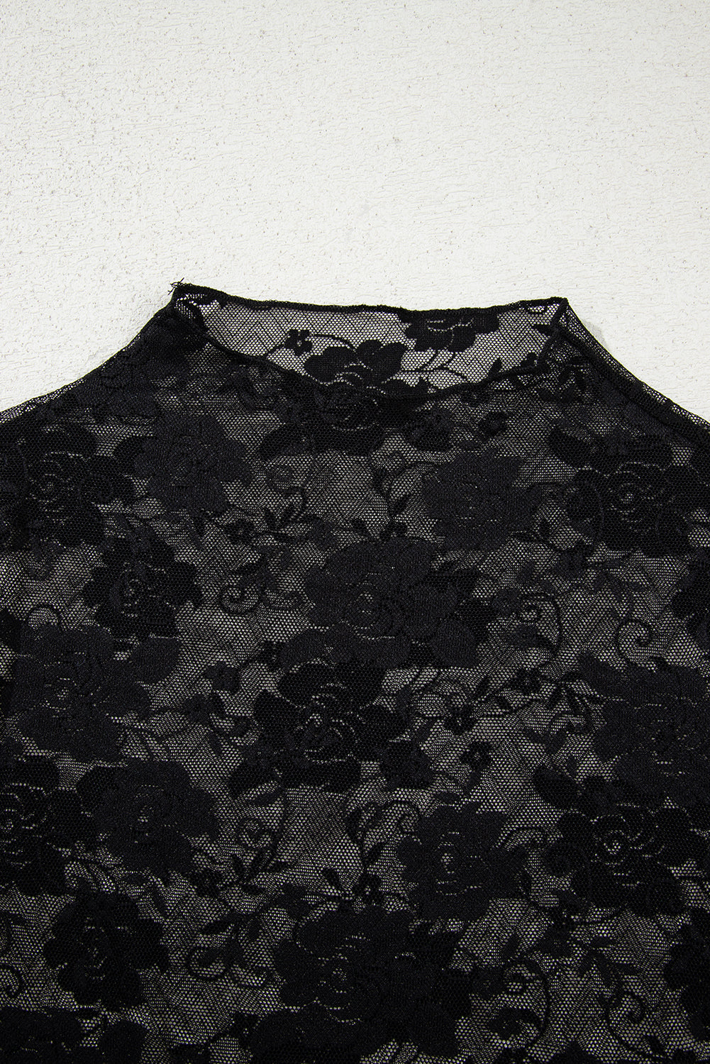 Apricot Pink Sheer Floral Lace Mesh Mock Neck Long Sleeve Top