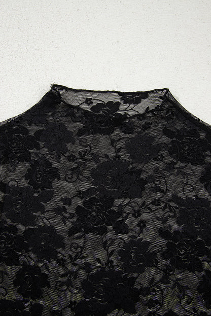 Apricot Pink Sheer Floral Lace Mesh Mock Neck Long Sleeve Top