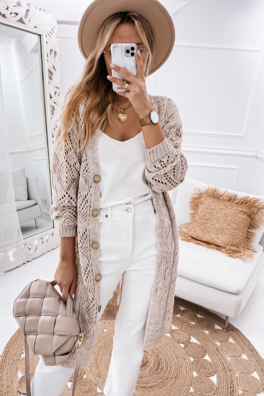 Gray Hollow-out Openwork Knit Cardigan