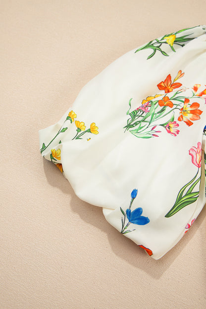 White Floral Short Puff Sleeve Contrast V Neck Print Blouse