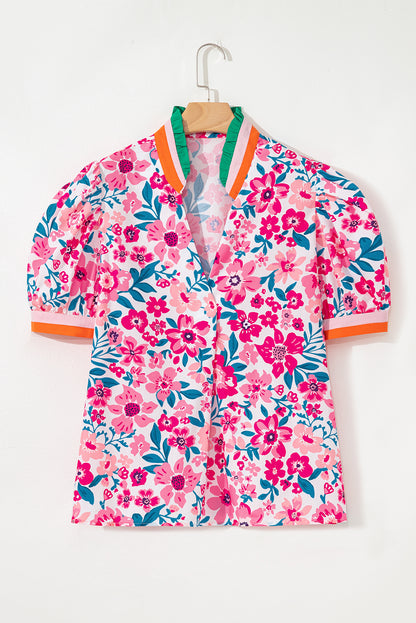 Pink Floral Print Contrast Striped Detail Short Sleeve Blouse