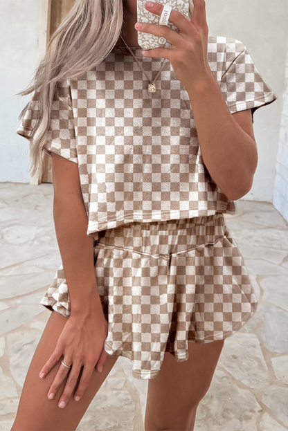 Black Checkerboard T Shirt and High Waist Skorts 2 Piece Outfit