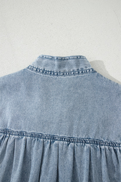 Beau Blue Bowknot Neck Sleeveless Ruffled Chambray Dress