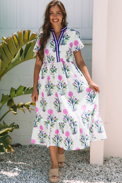 Sky Blue Floral Puff Short Sleeve V Neck High Waist Maxi Dress