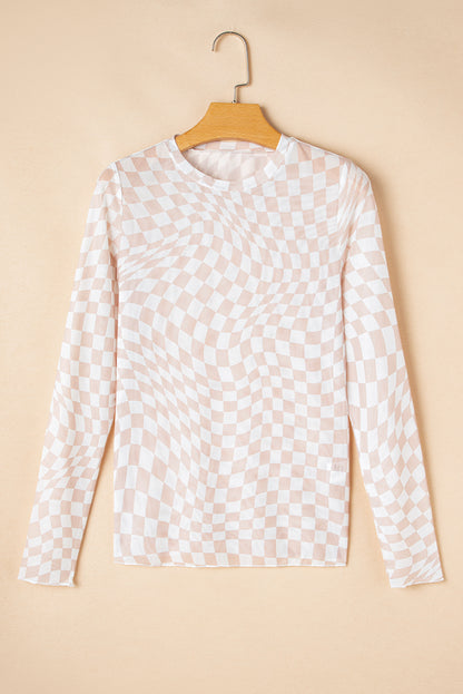 Khaki Checkered Pattern Mesh Mock Neck Long Sleeve Top