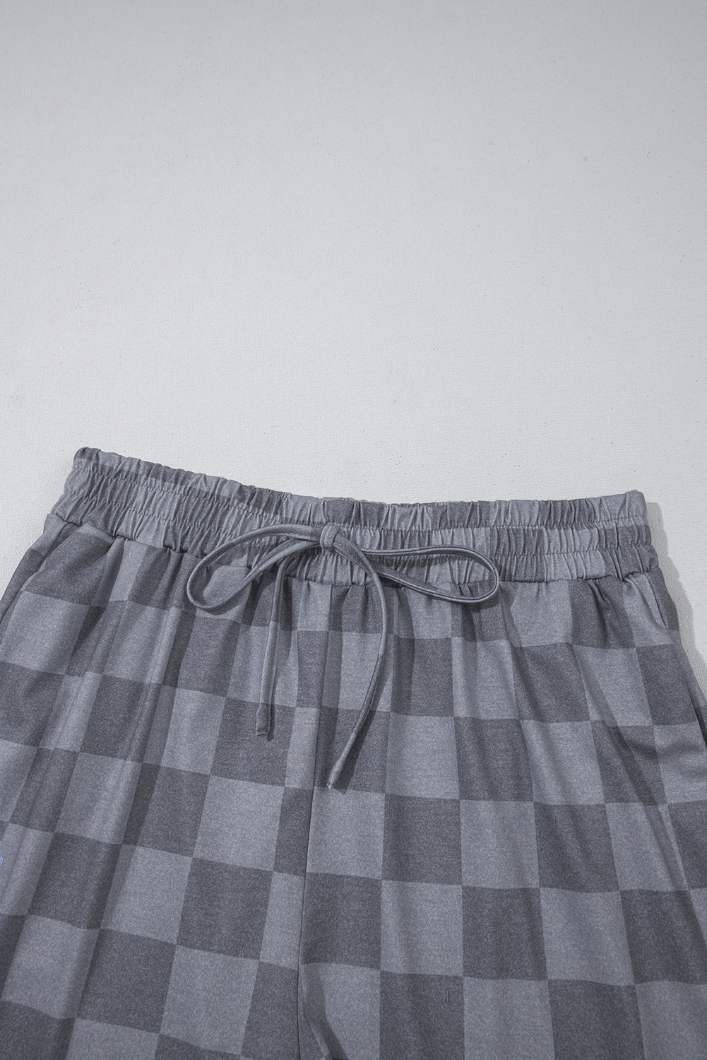 Beige Checkered V Neck Tee Drawstring Shorts Lounge Set