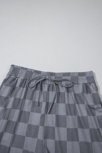 Beige Checkered V Neck Tee Drawstring Shorts Lounge Set