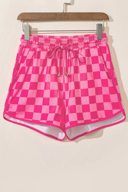 Black Checkered Drawstring Elastic Waist Casual Shorts
