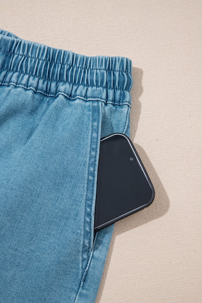 Beau Blue Contrast Drawstring Elastic Waist Denim Shorts