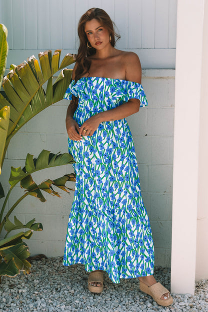 Pink Floral Print Square Neck Ruffled Strap Maxi Dress
