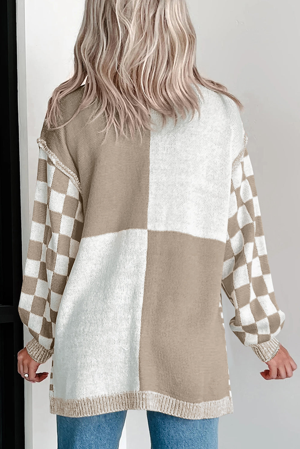 Black Checkered Open Front Drop Shoulder Cardigan