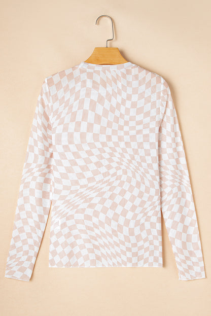 Khaki Checkered Pattern Mesh Mock Neck Long Sleeve Top