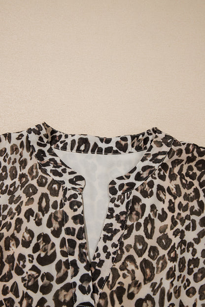 Khaki Leopard 3/4 Sleeve V Neck Swing Dress