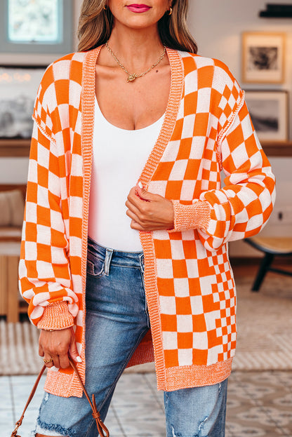 Black Checkered Open Front Drop Shoulder Cardigan