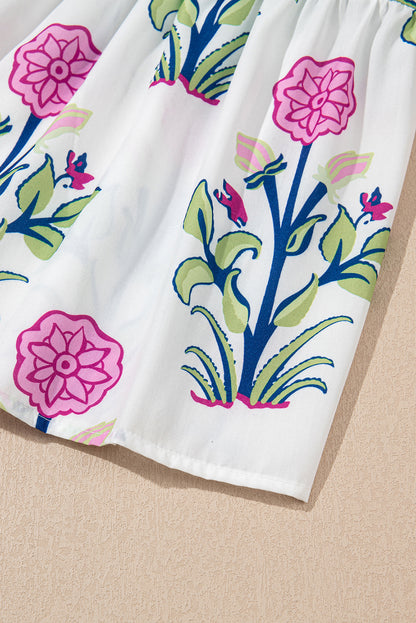 Sky Blue Floral Puff Short Sleeve V Neck High Waist Maxi Dress