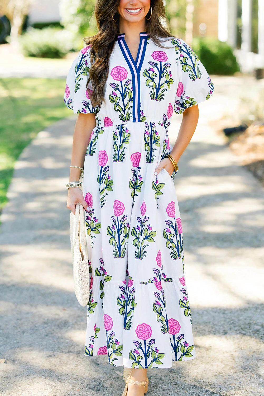 Sky Blue Floral Puff Short Sleeve V Neck High Waist Maxi Dress