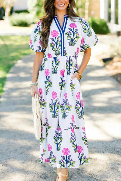 Sky Blue Floral Puff Short Sleeve V Neck High Waist Maxi Dress