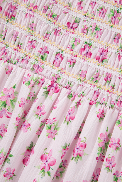 White Frilly Shirred Bodice Tiered Floral Maxi Dress