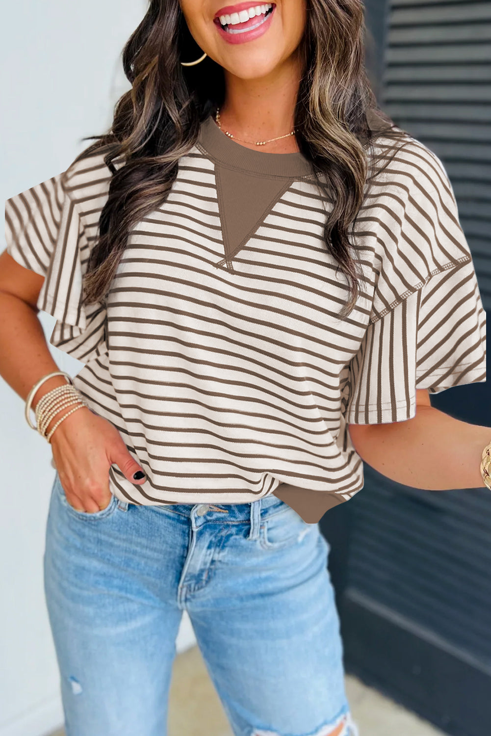 Contrast Detail Striped Ruffle Short Sleeve Top