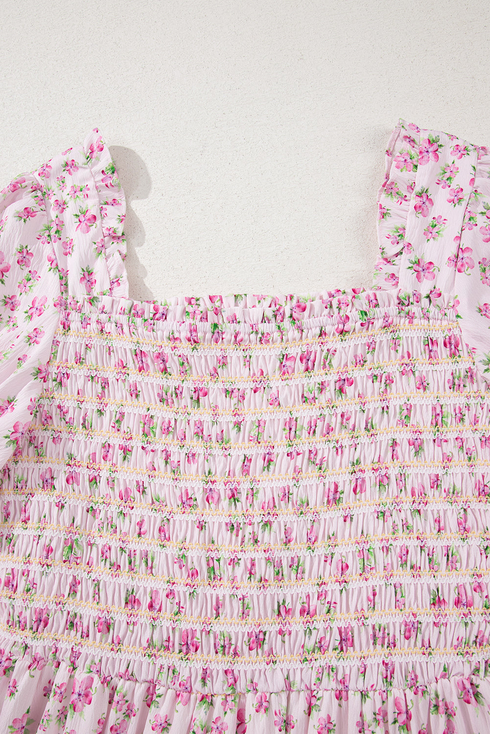 White Frilly Shirred Bodice Tiered Floral Maxi Dress