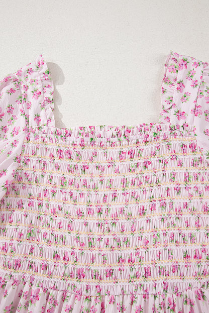 White Frilly Shirred Bodice Tiered Floral Maxi Dress