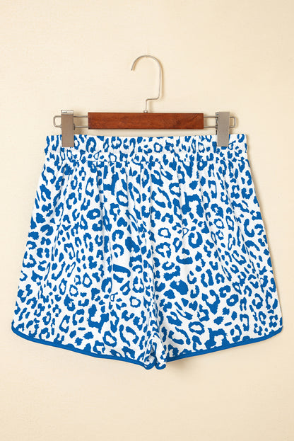 White Leopard Elastic Waist Lace up Contrast Trim Casual Shorts