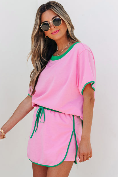 Bonbon Colorblock Edge Drop Shoulder T Shirt and Skort 2Pcs Set Hu