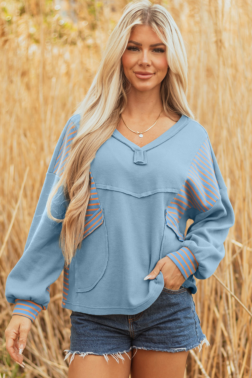 Meadow Mist Green Exposed Seam Waffle Striped Patchwork Baggy Pullover