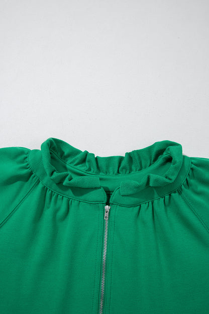 Sea Green Half Zip Puff Sleeve Top and Ruffled Shorts Set