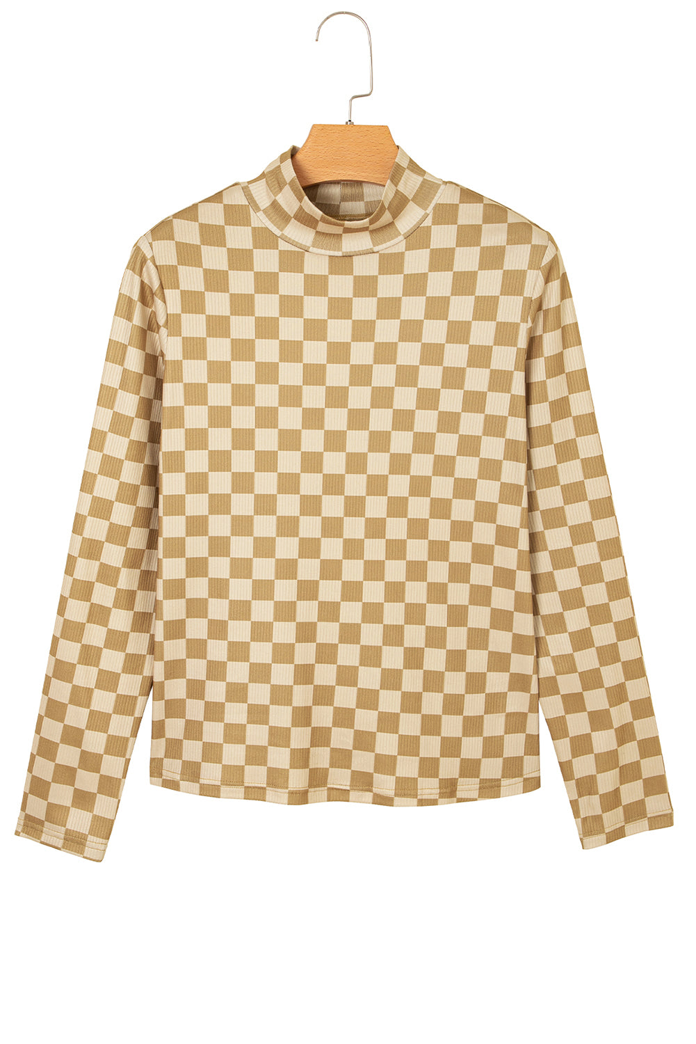 Khaki Check Pattern Turtleneck Ribbed Slim Long Sleeve Tee  Jo