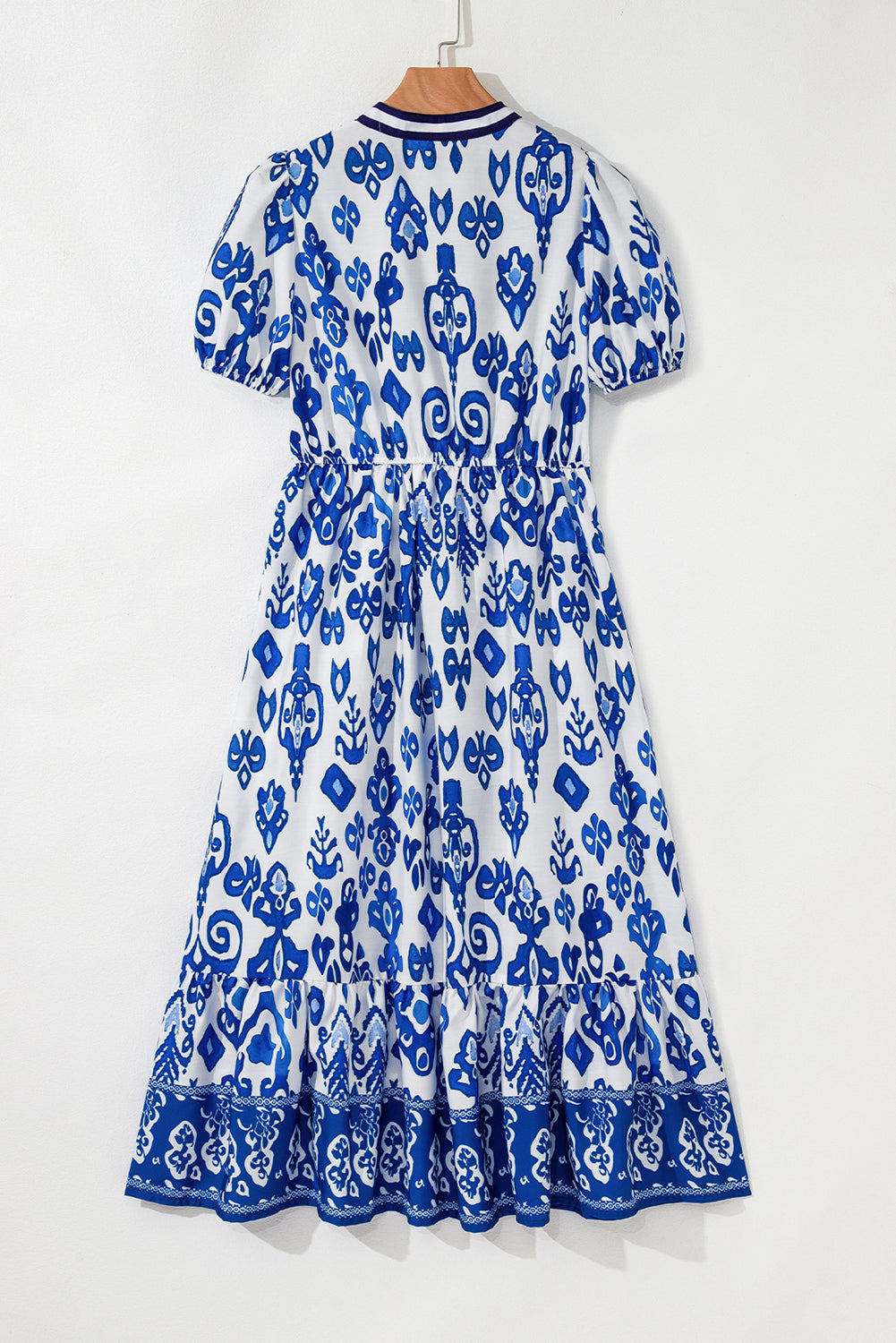 Sky Blue Floral Puff Short Sleeve V Neck High Waist Maxi Dress