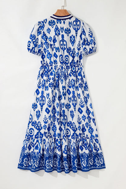 Sky Blue Floral Puff Short Sleeve V Neck High Waist Maxi Dress