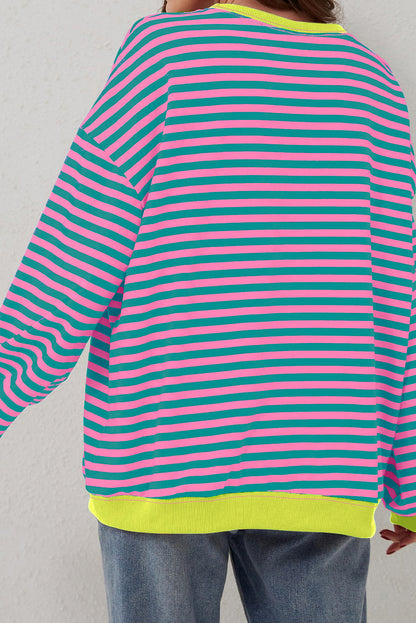 Blue Stripe Contrast Ribbed Trim Crossed Stitch Drop Shoulder Sweatshirt