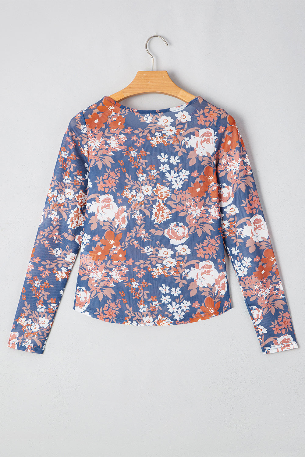 Green Floral Print Mesh Fitted Long Sleeve Top