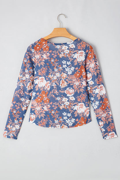 Green Floral Print Mesh Fitted Long Sleeve Top