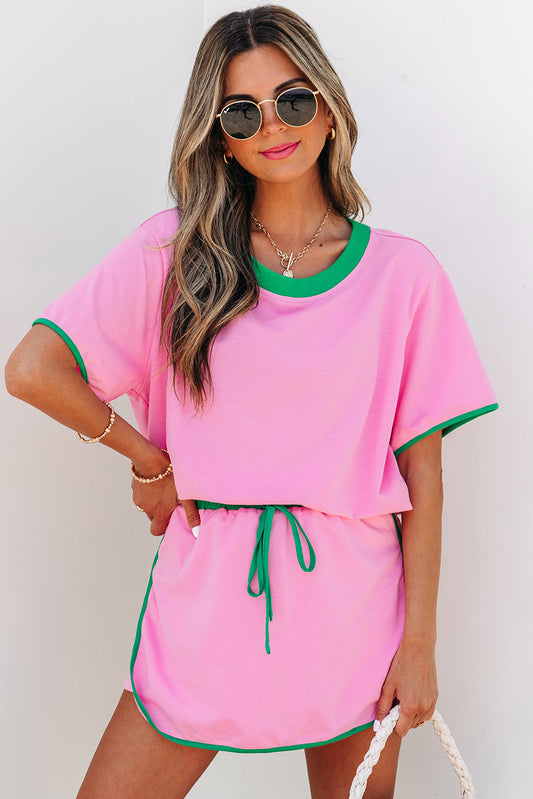 Bonbon Colorblock Edge Drop Shoulder T Shirt and Skort 2Pcs Set Hu