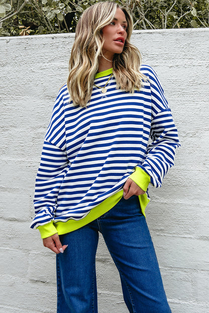 Blue Stripe Contrast Ribbed Trim Crossed Stitch Drop Shoulder Sweatshirt
