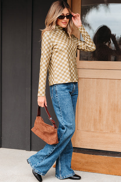 Khaki Check Pattern Turtleneck Ribbed Slim Long Sleeve Tee  Jo