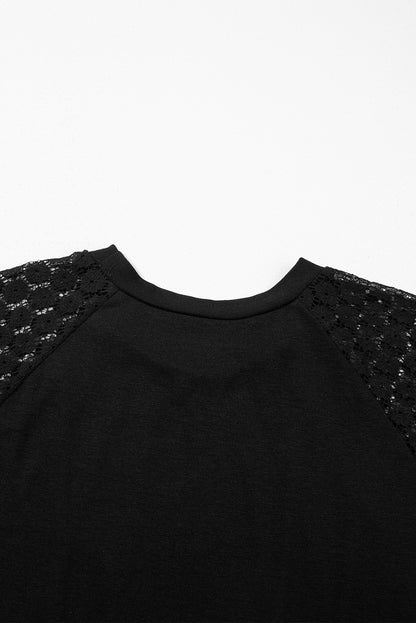 Black Contrast Lace Raglan Sleeve Pleated Detail Shift Dress