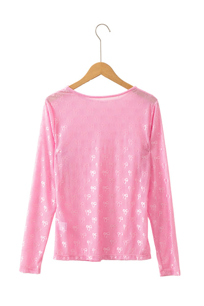 Black Mesh Bow Pattern Long Sleeve Top