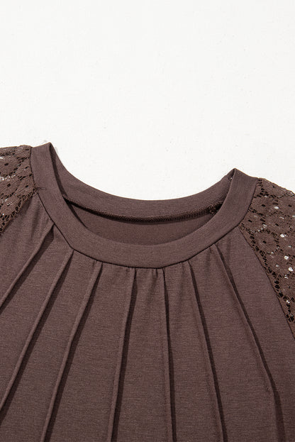 Black Contrast Lace Raglan Sleeve Pleated Detail Shift Dress