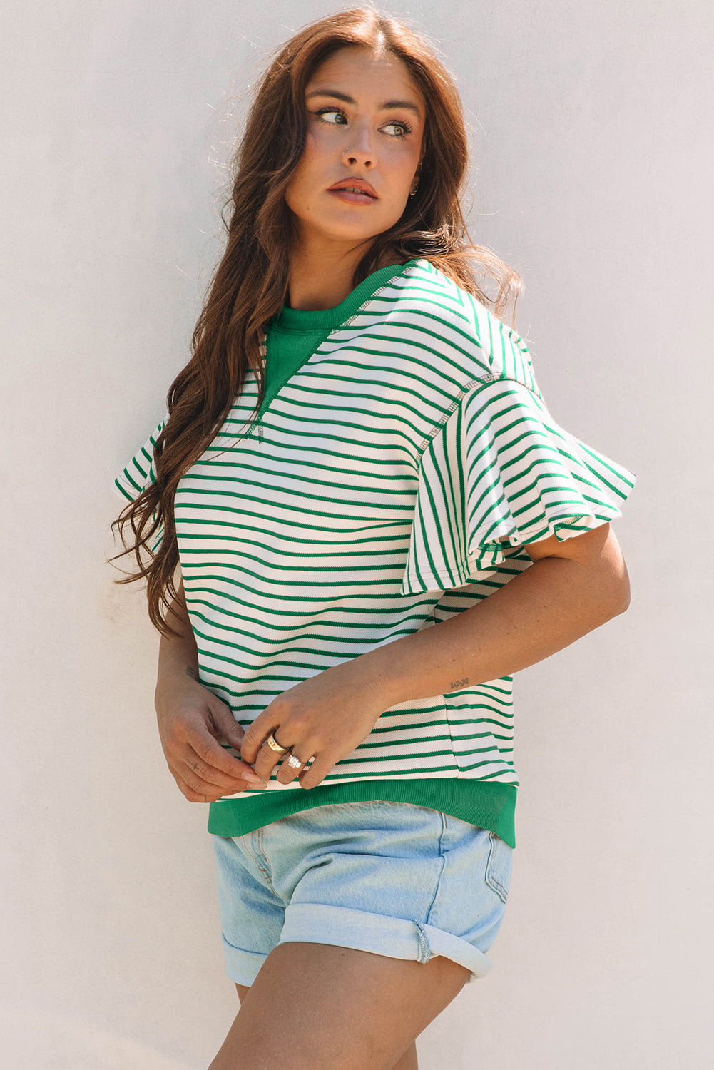 Contrast Detail Striped Ruffle Short Sleeve Top