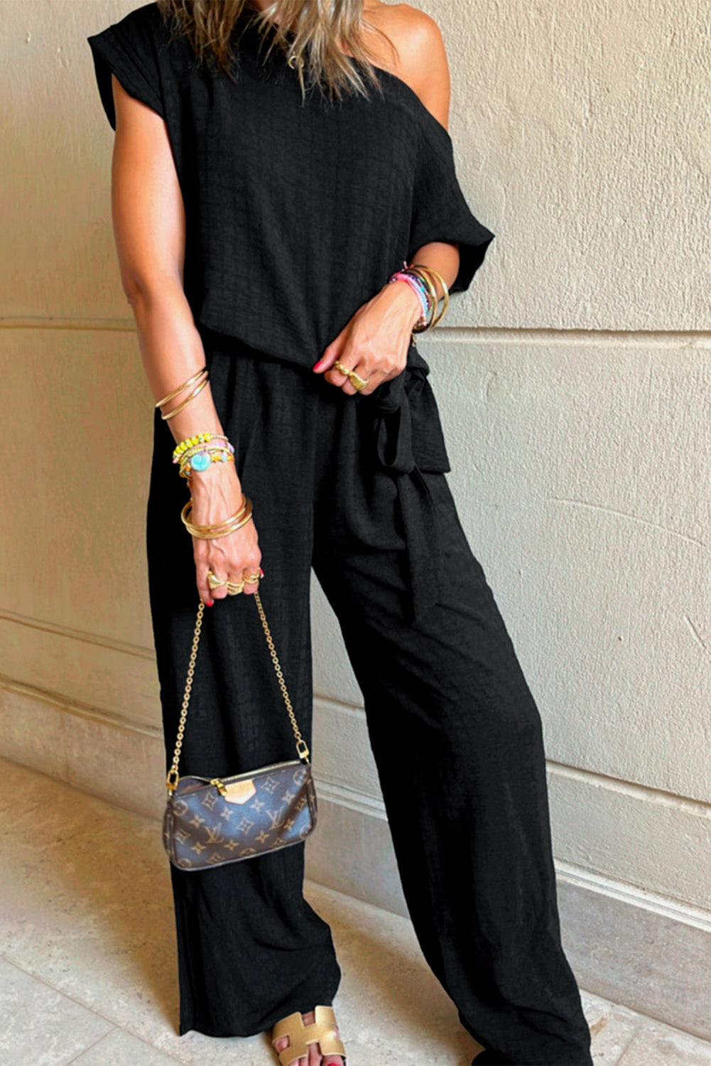 Black Checkered Mesh One Shoulder Short Sleeve Knotted Waist Jumpsuit by