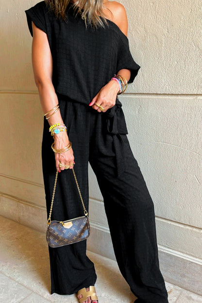 Black Checkered Mesh One Shoulder Short Sleeve Knotted Waist Jumpsuit by