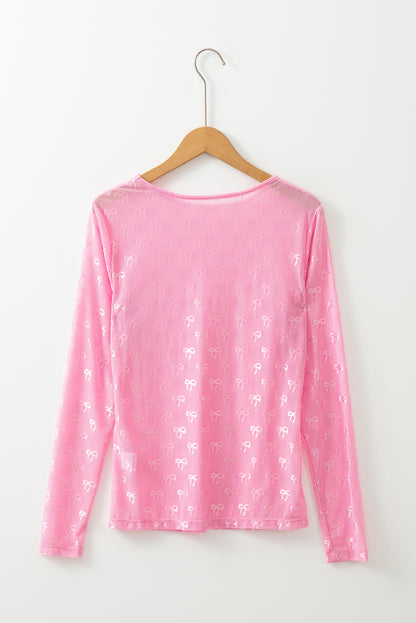 Black Mesh Bow Pattern Long Sleeve Top